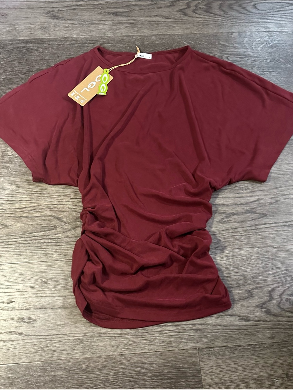 OGL Burgundy Draped Asymmetrical Short Sleeve Top NWT
